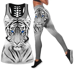 3D Tiger Print Women White Two Piece Yoga Set Quick Dry Vest Hollow Tank Top Sport Fitness Legging