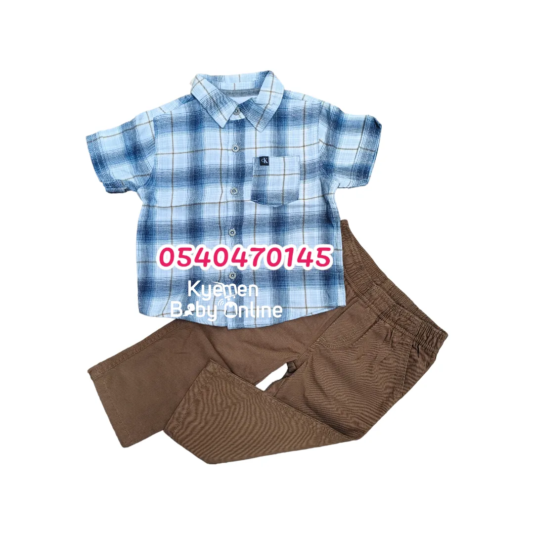 Baby Boy  Short Sleeve Shirt  with Trousers (Calvin Klein) Grey Checked.