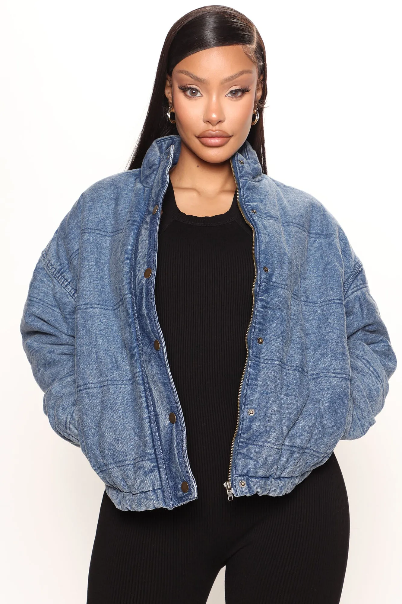 Basic Denim Puffer Jacket - Medium Blue Wash