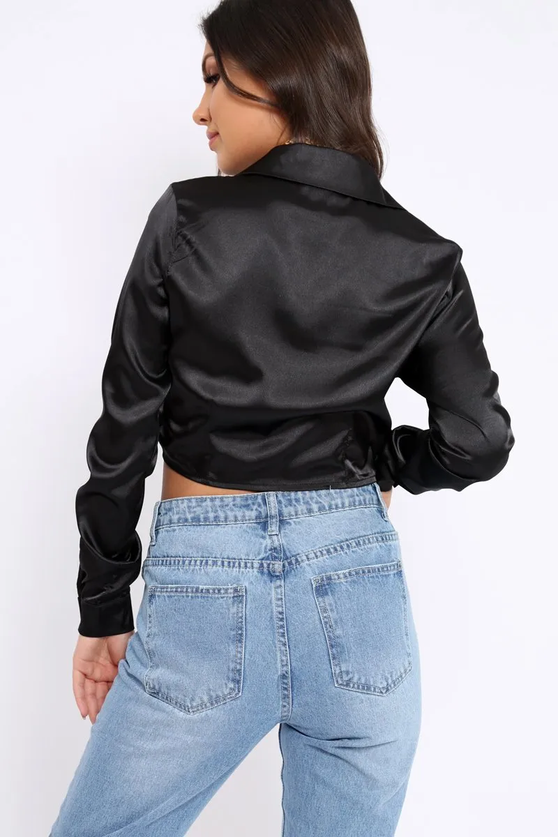 Black Cropped Satin Shirt - Yasina