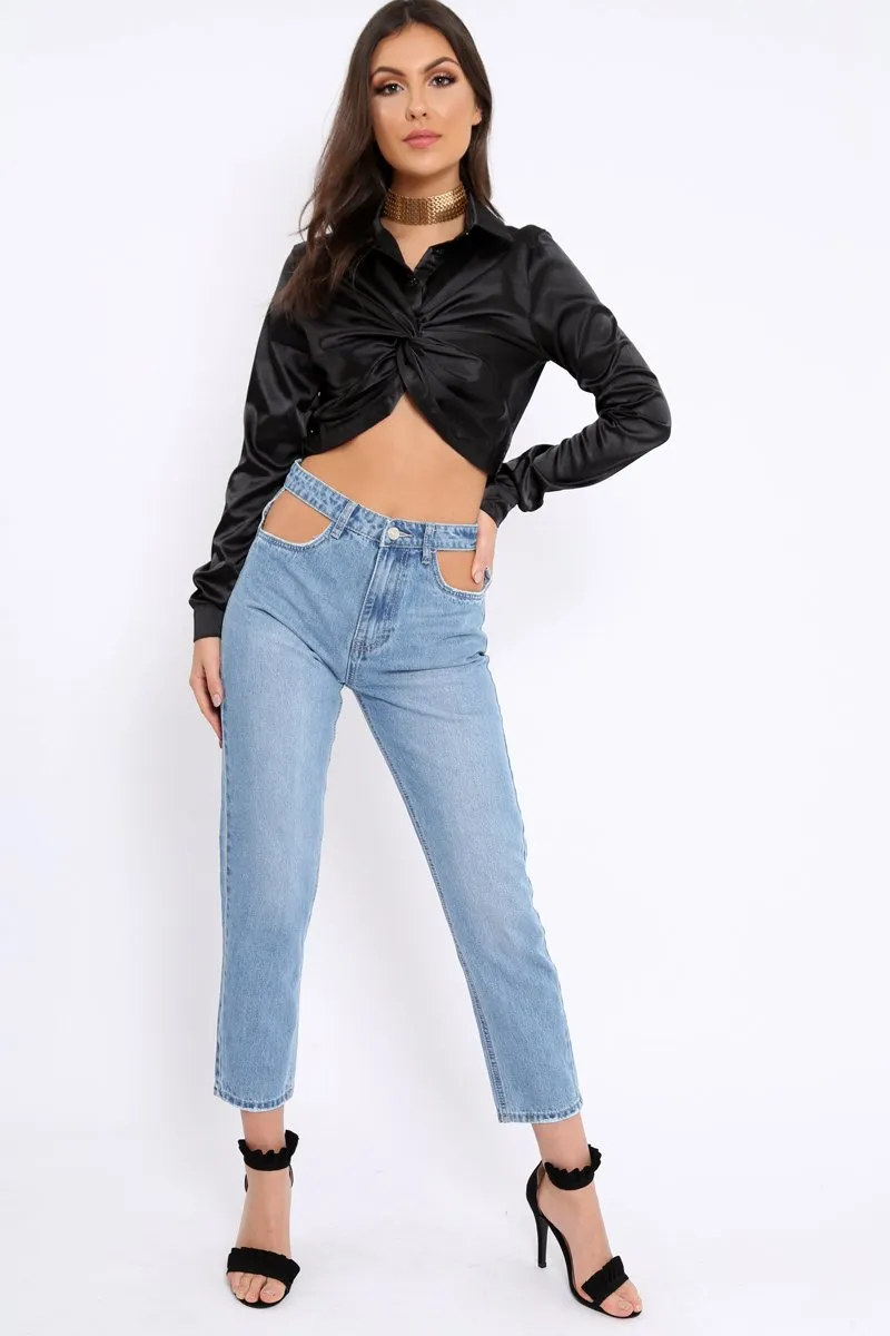 Black Cropped Satin Shirt - Yasina