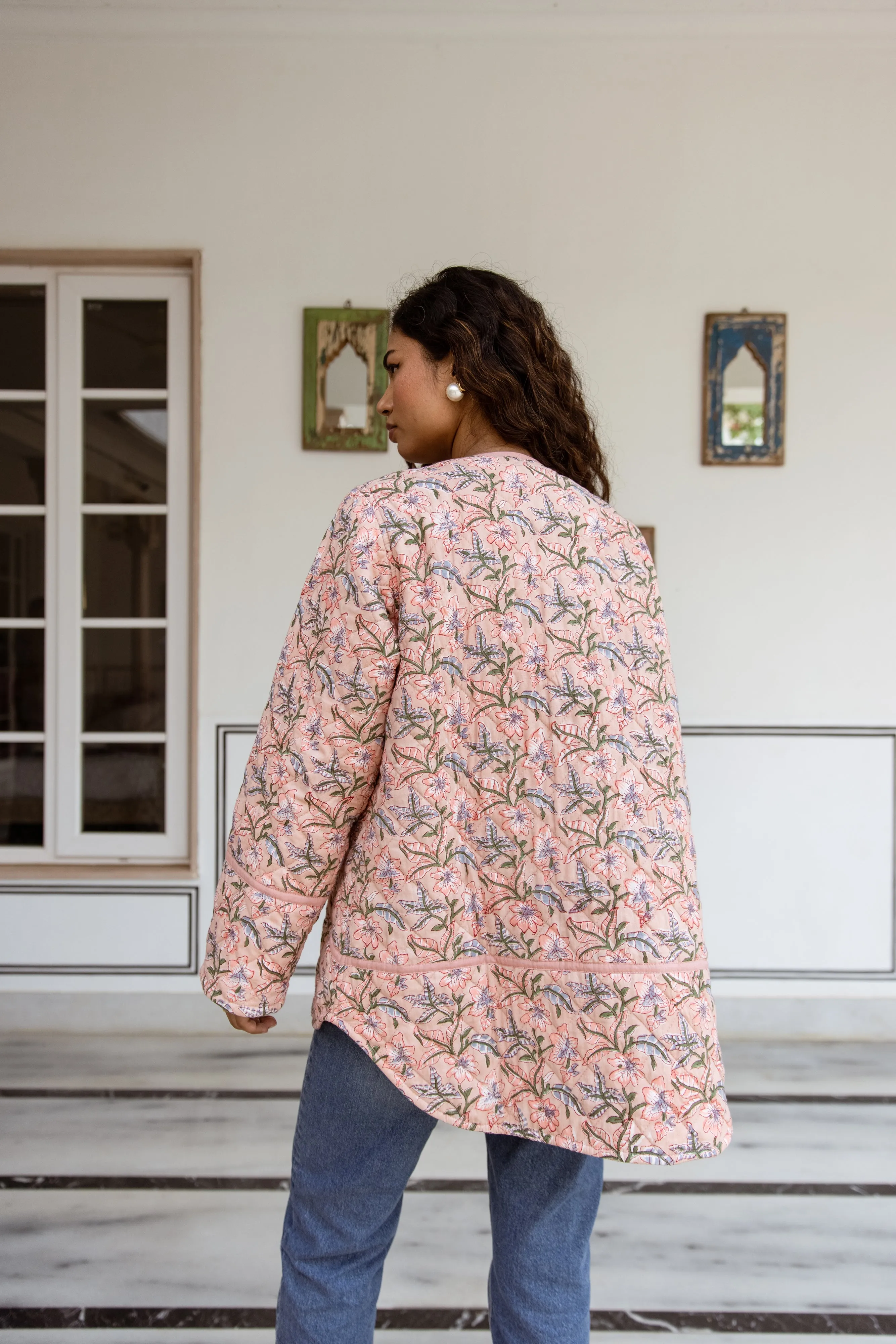 Block Print Quilted Jacket - Soft Coral