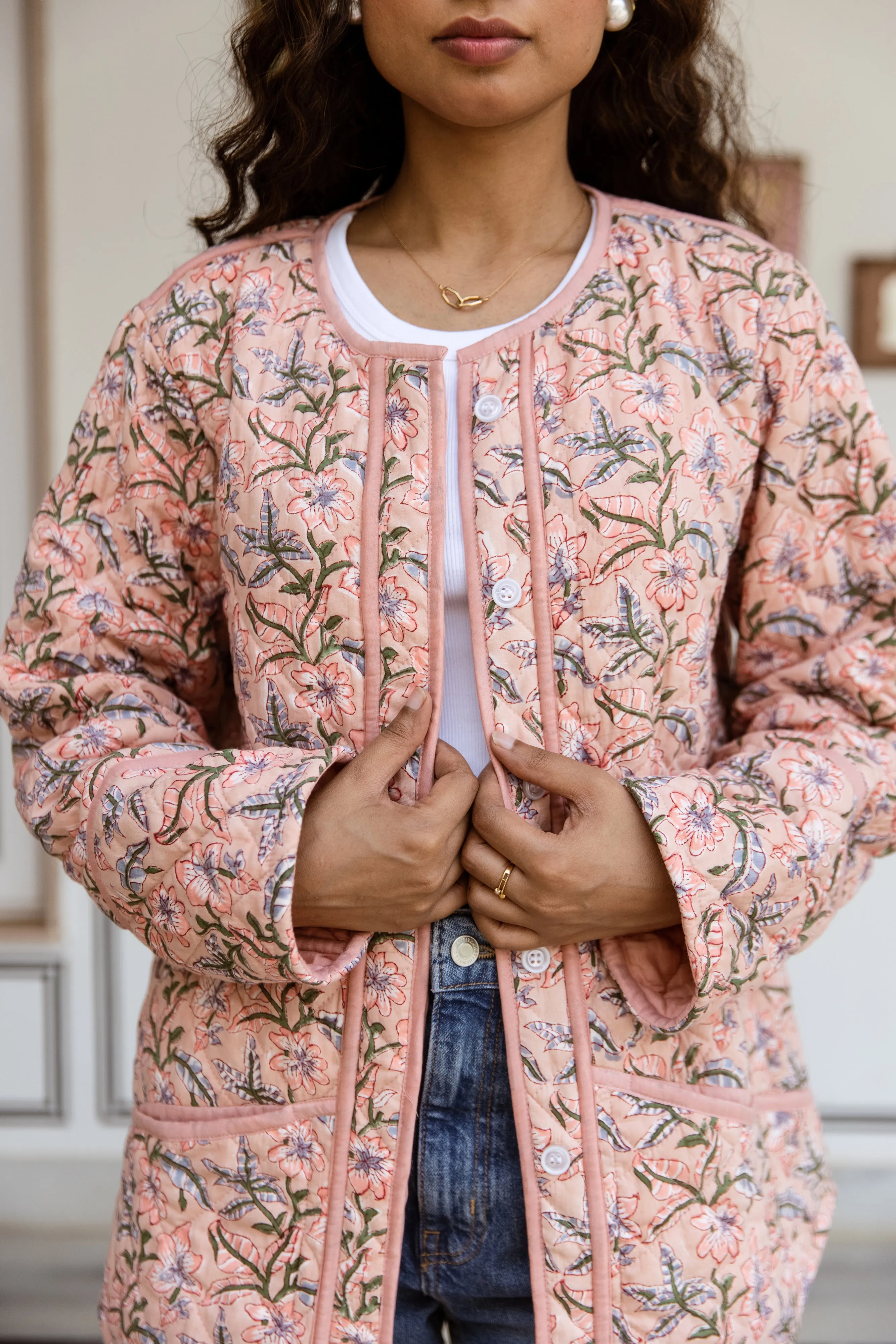 Block Print Quilted Jacket - Soft Coral