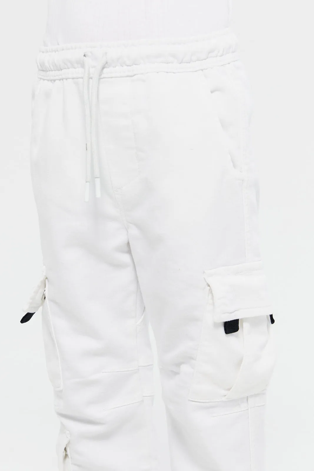 Boys White Cargo Pocket Knitted Denim Joggers