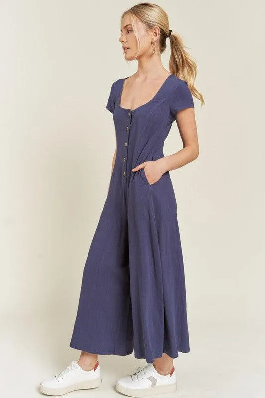 Button Down Short Sleeve Linen Jumpsuit