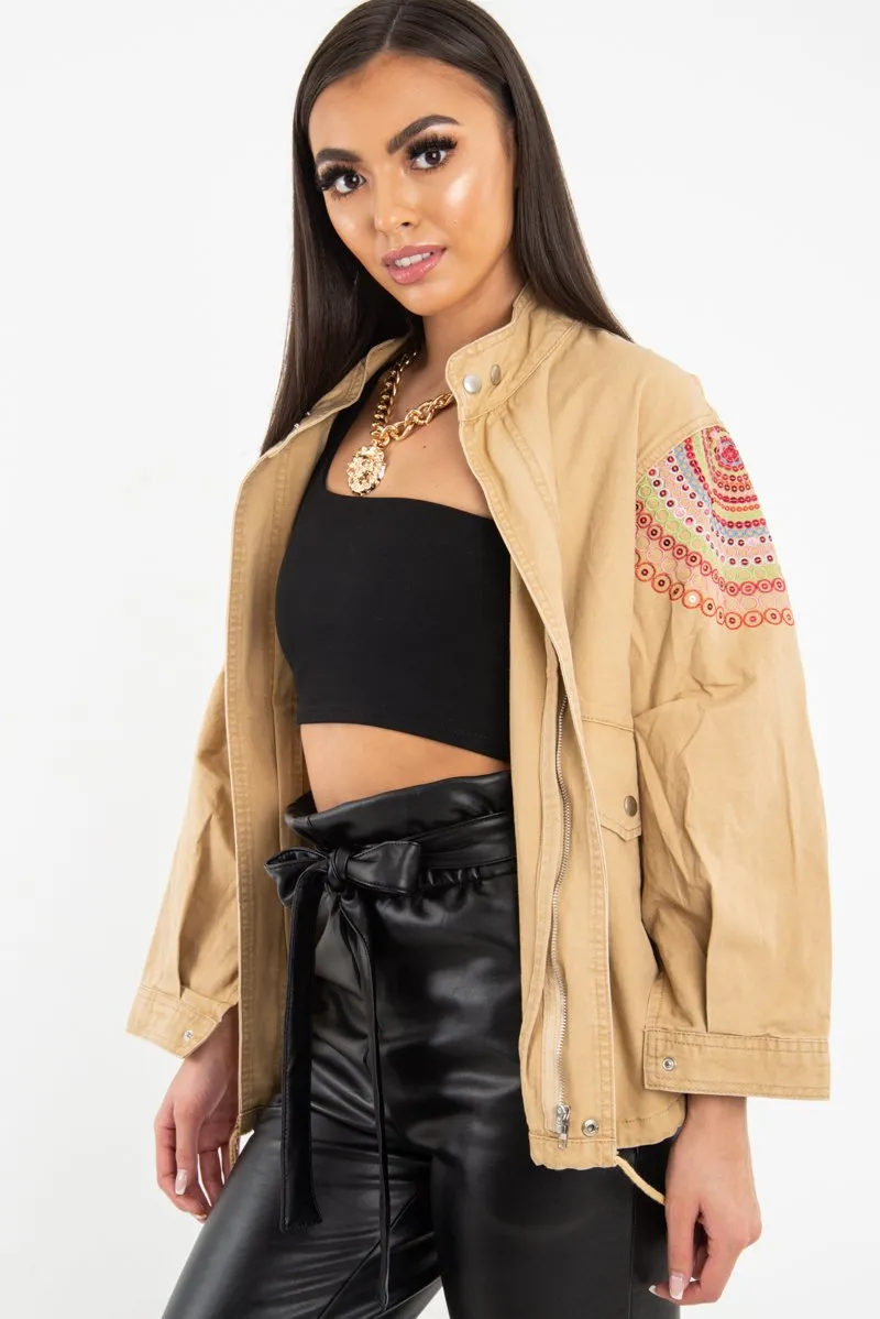 Camel Embroidered Sequin Parka Denim Jacket - Laicee