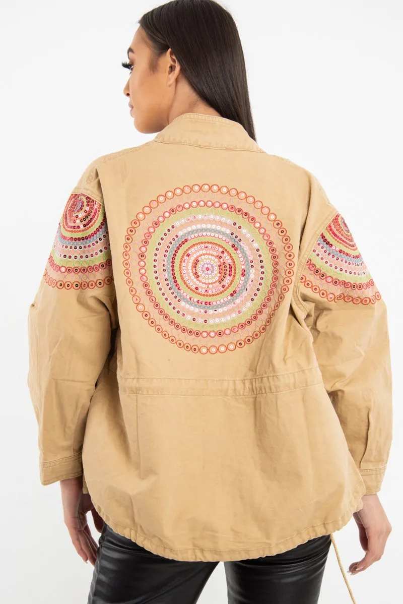 Camel Embroidered Sequin Parka Denim Jacket - Laicee