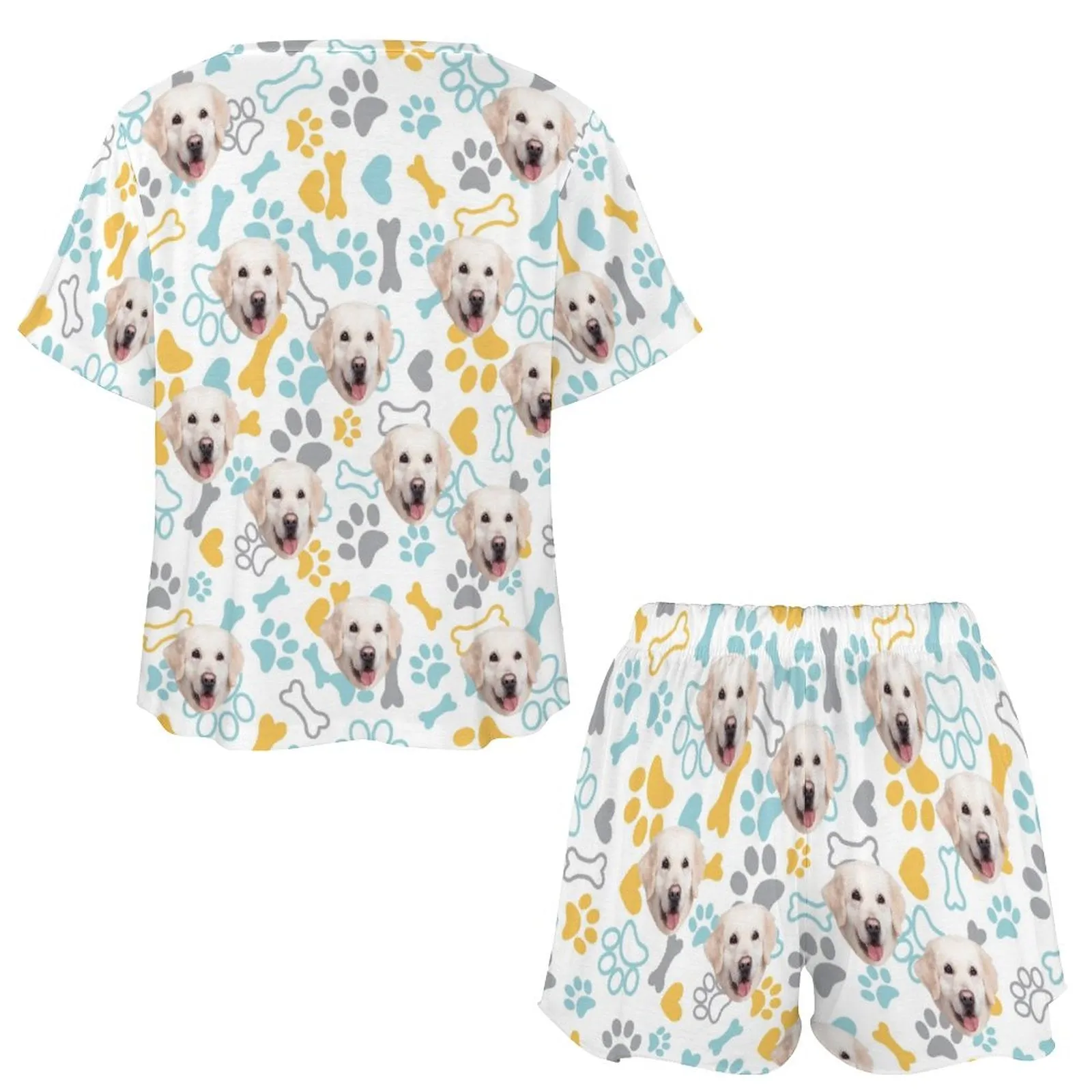 Custom Face Pet Blue&Yellow Footprint Print Pajama Set Women's Short Sleeve Top and Shorts Loungewear Athletic Tracksuits