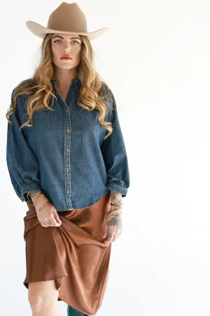 Dark Denim Button Down Flowy Blouse