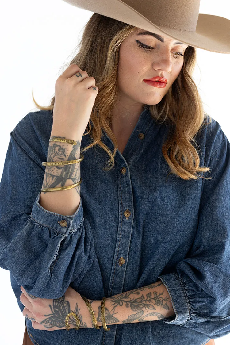 Dark Denim Button Down Flowy Blouse