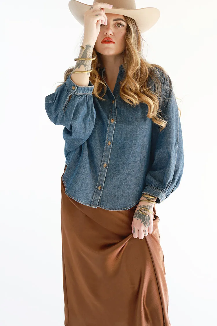 Dark Denim Button Down Flowy Blouse