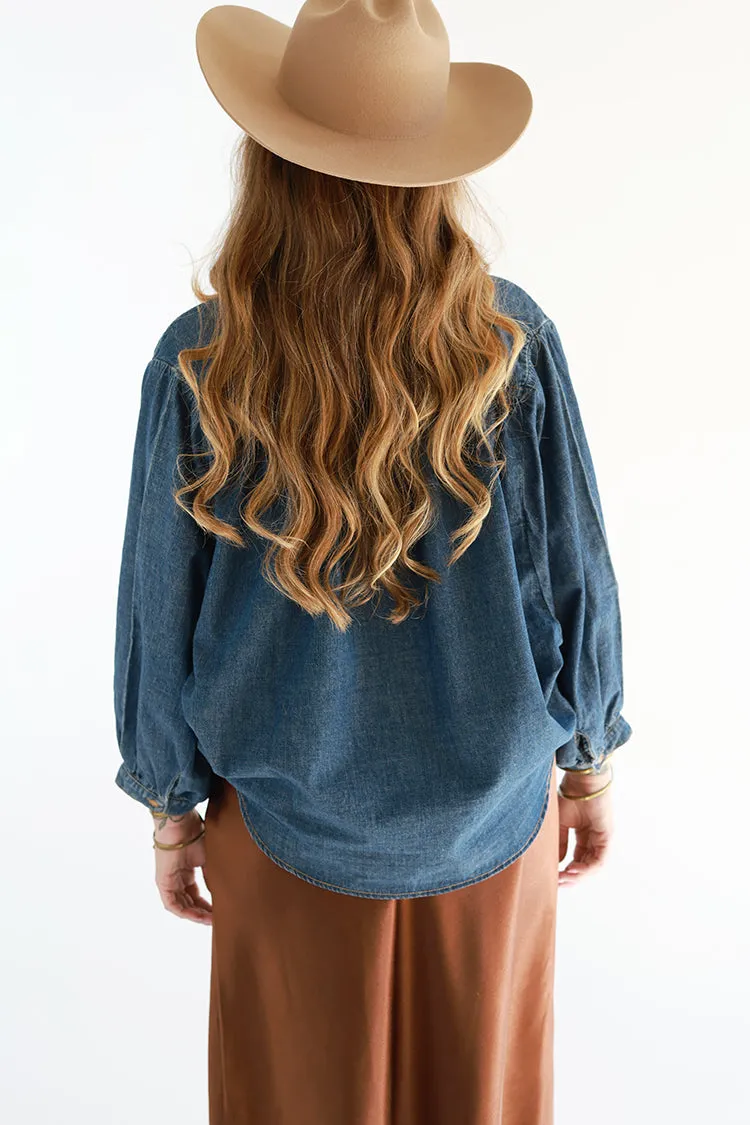 Dark Denim Button Down Flowy Blouse