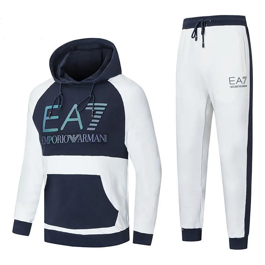 EA7 Men's Hooded Full Front Designed Tracksuit Set-Navy Blue