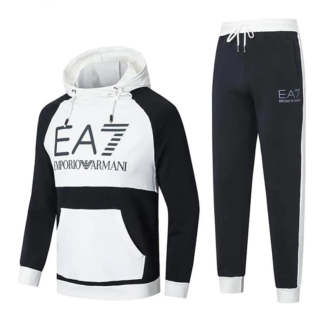 EA7 Men's Hooded Full Front Designed Tracksuit Set-White