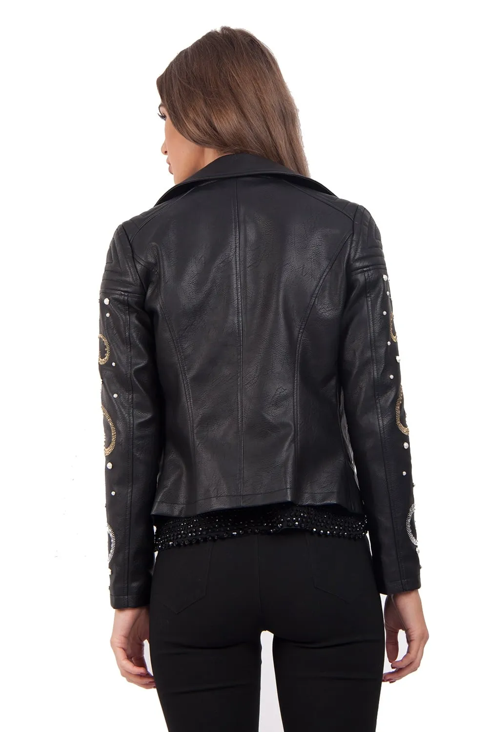 Embellished Pearl Arm Faux Leather Look Biker Jacket