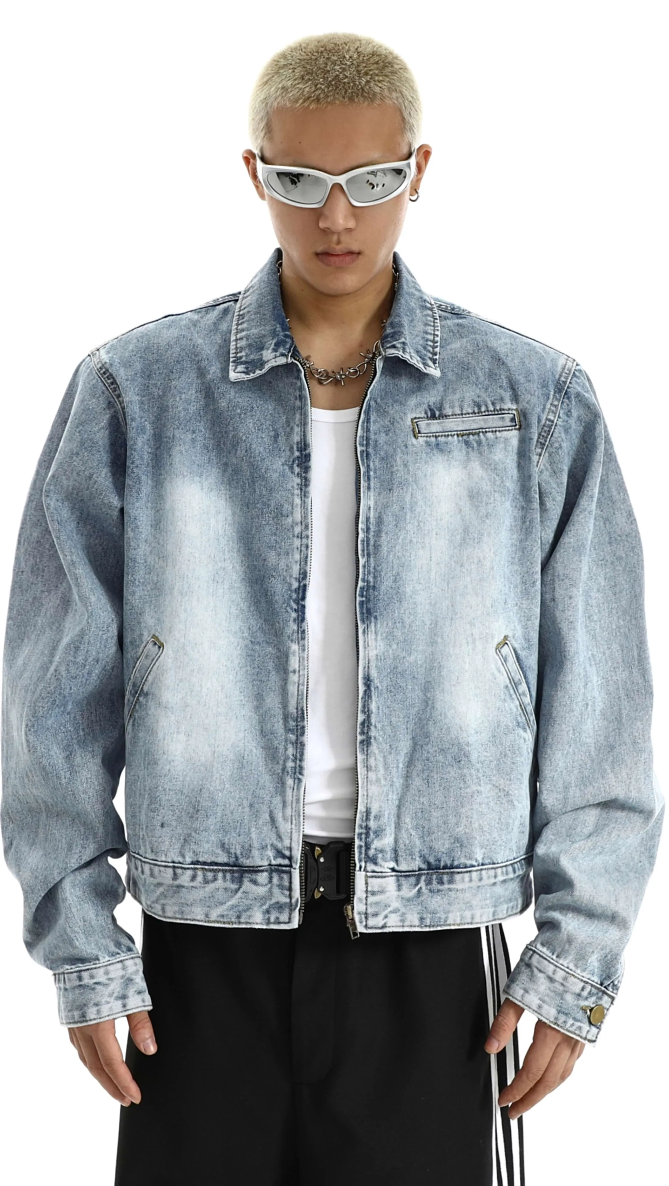 Faded Acid Wash Denim Zip Jacket