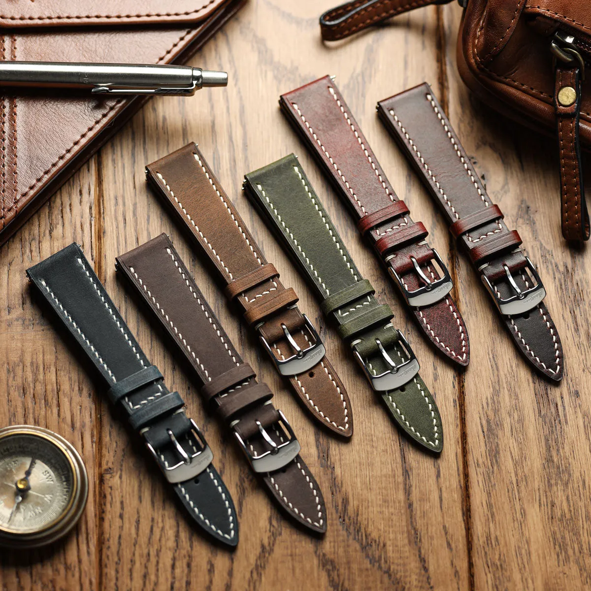 German Hand-Stitched Crazy Horse Leather Watch Strap - Olive Green