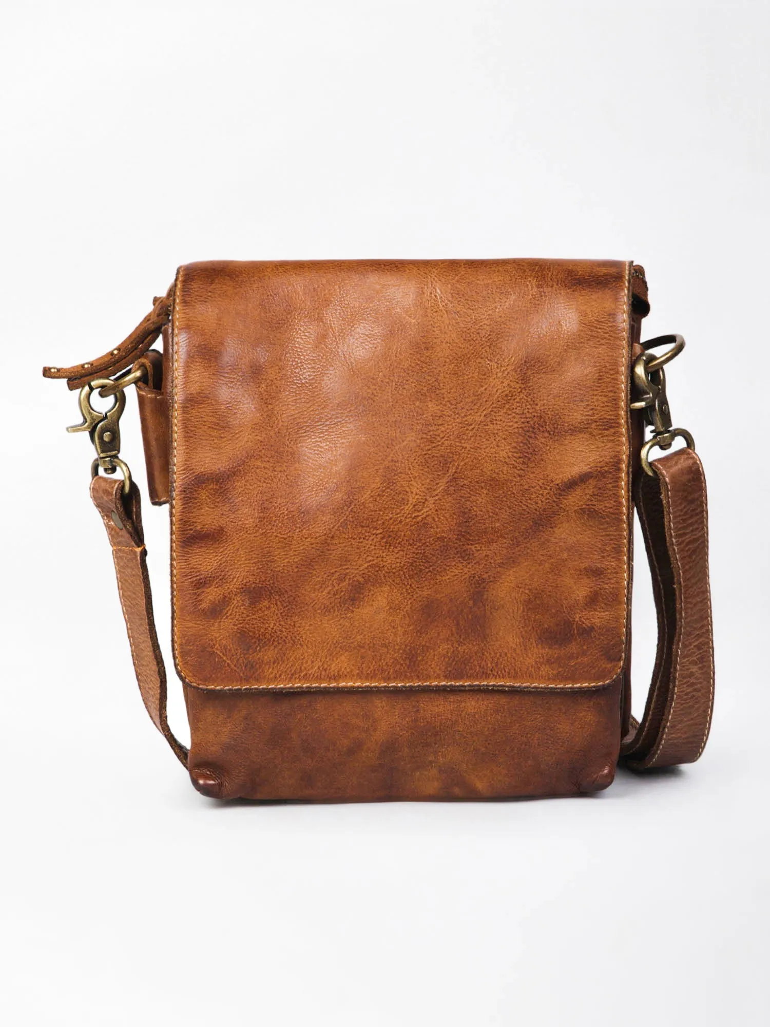 Henry: Cognac Flap Bag Cross Body In Veg Tan Leather