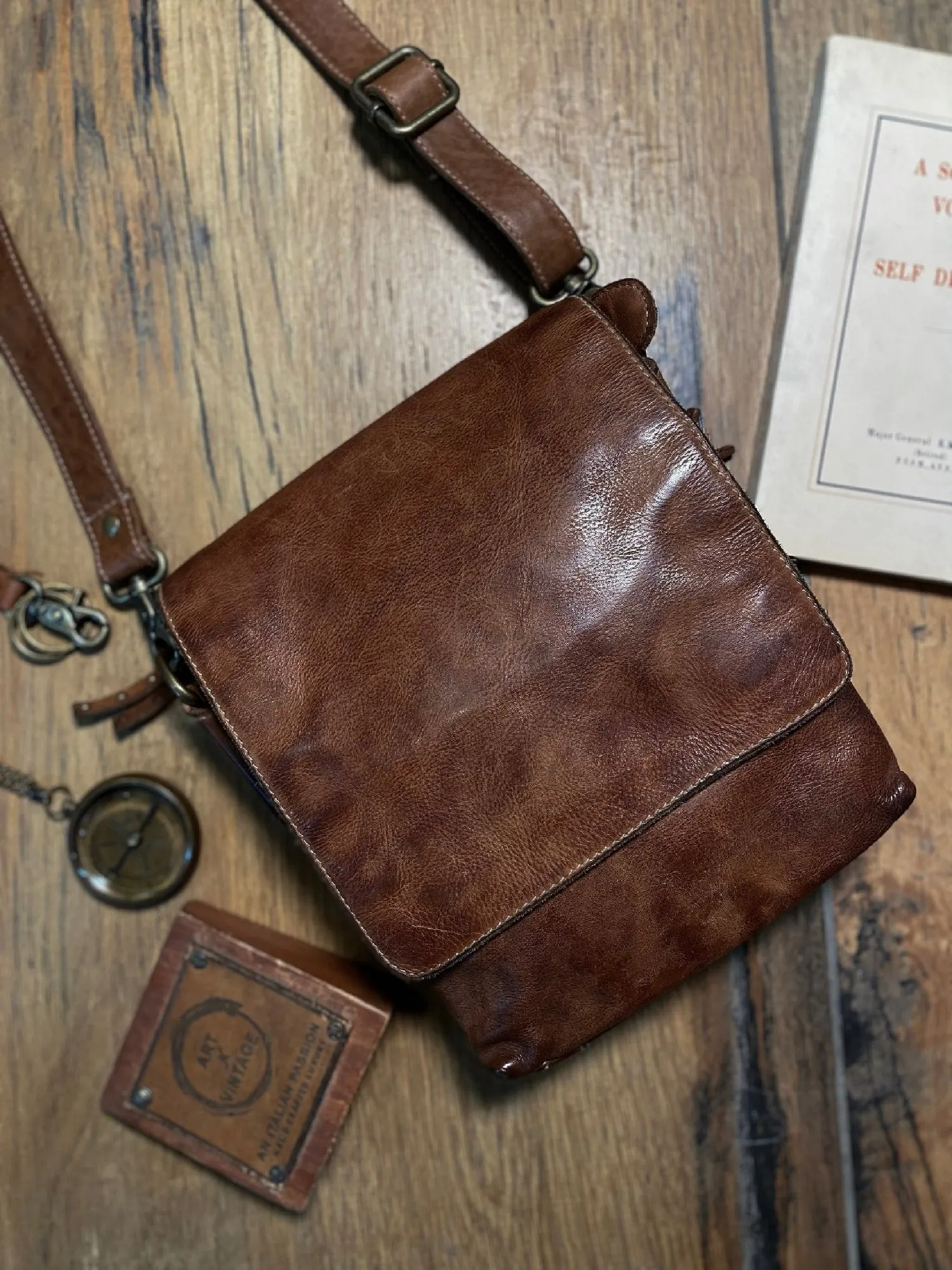 Henry: Cognac Flap Bag Cross Body In Veg Tan Leather