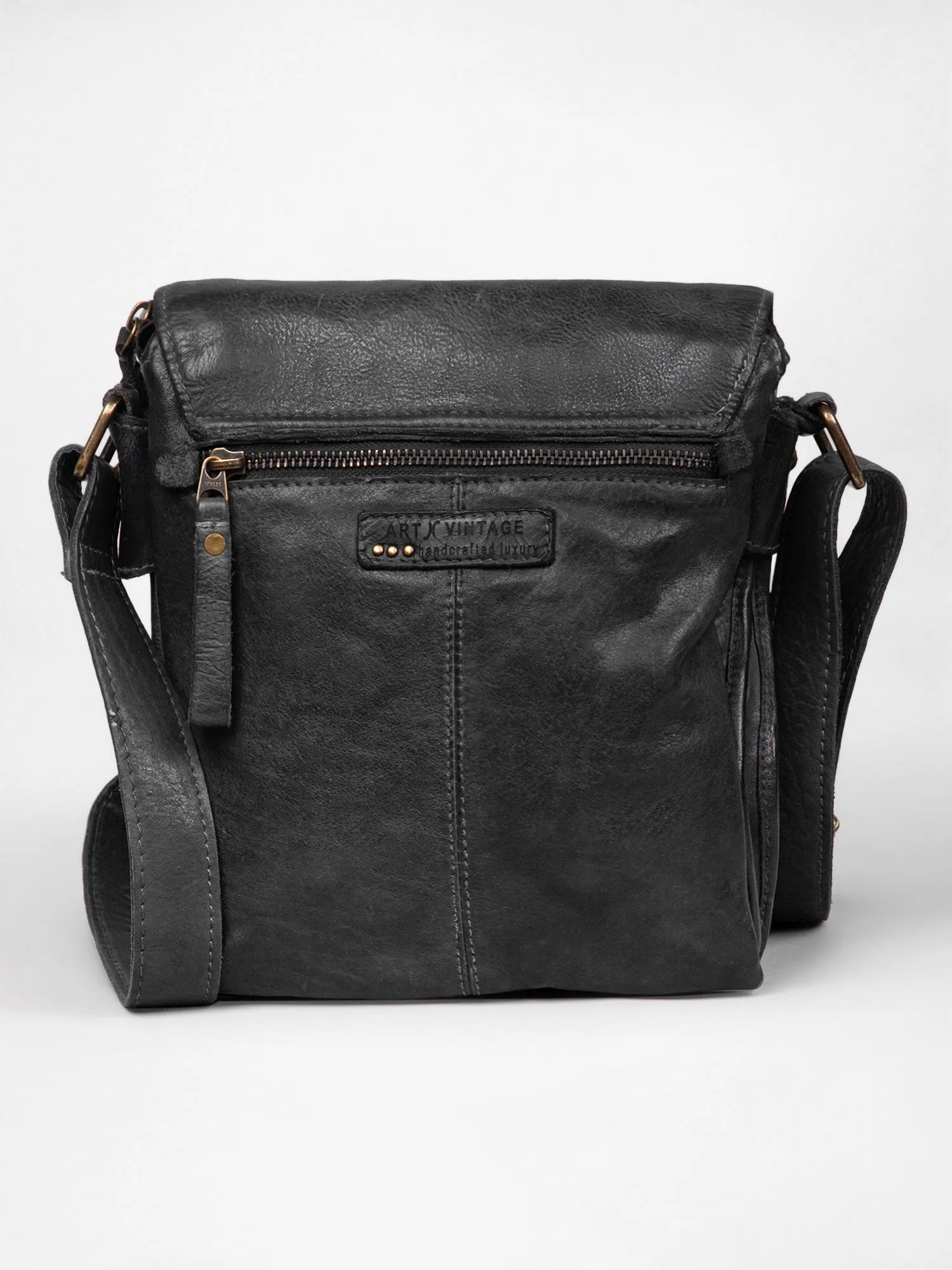 Henry: Navy Flap Bag Cross Body In Veg Tan Leather