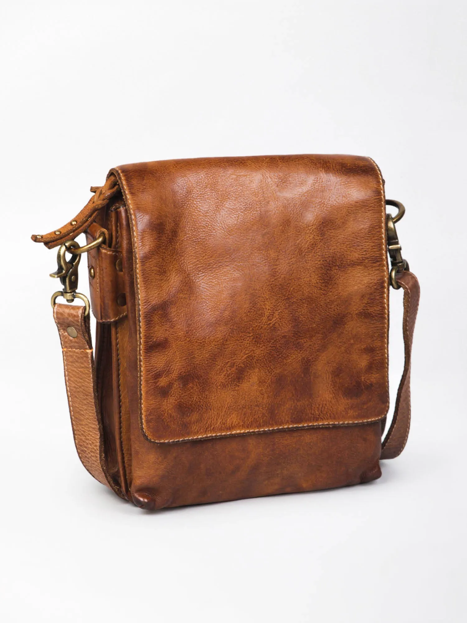 Henry: Navy Flap Bag Cross Body In Veg Tan Leather