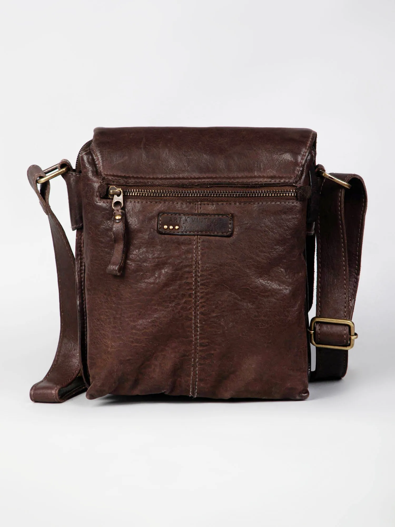 Henry: Navy Flap Bag Cross Body In Veg Tan Leather