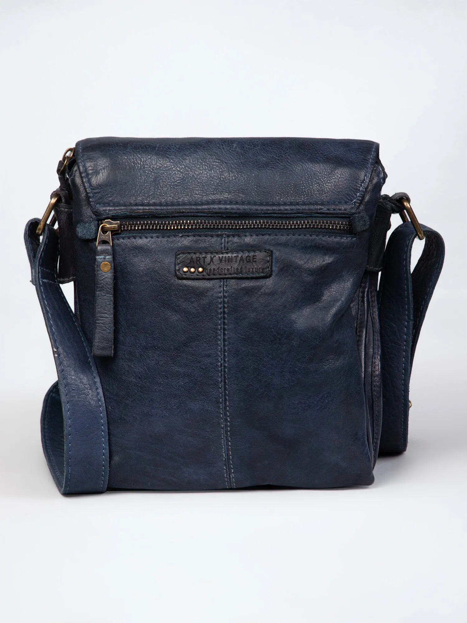 Henry: Navy Flap Bag Cross Body In Veg Tan Leather