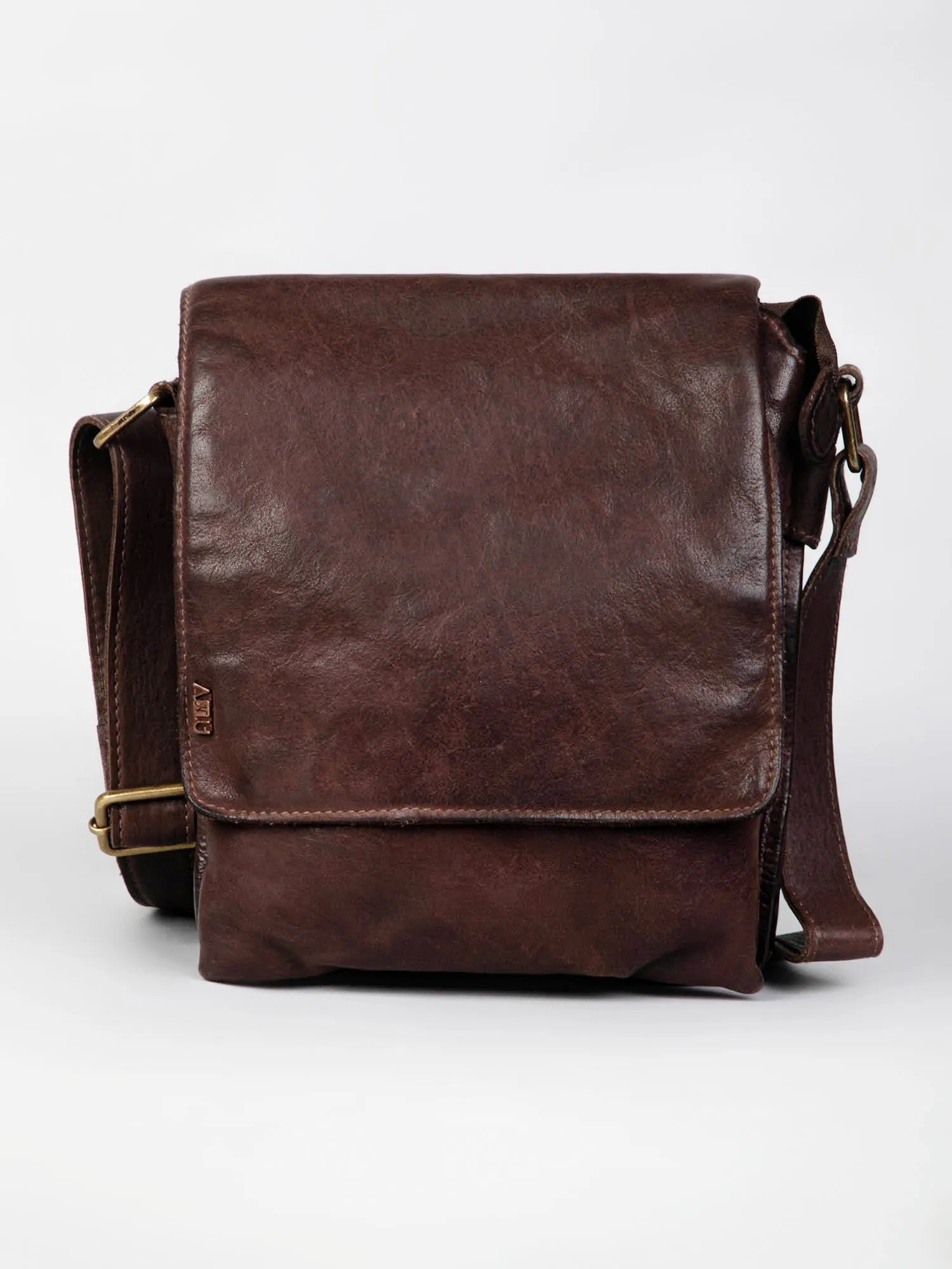 Henry: Navy Flap Bag Cross Body In Veg Tan Leather