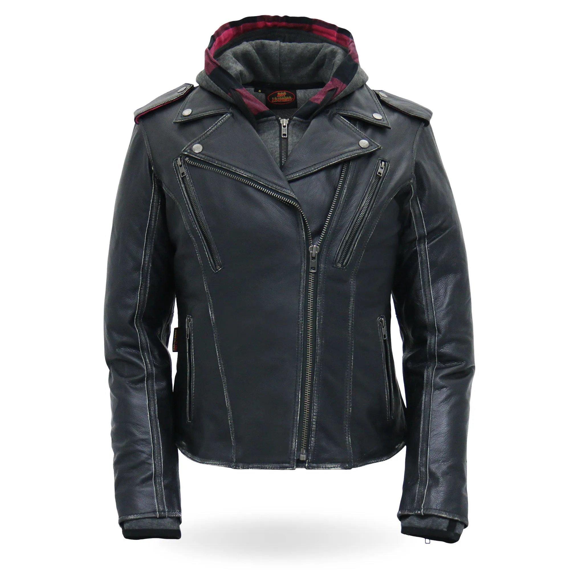 Hot Leathers JKL1033 Ladies Biker Black Leather Motorcycle Jacket with Removable Hoodie