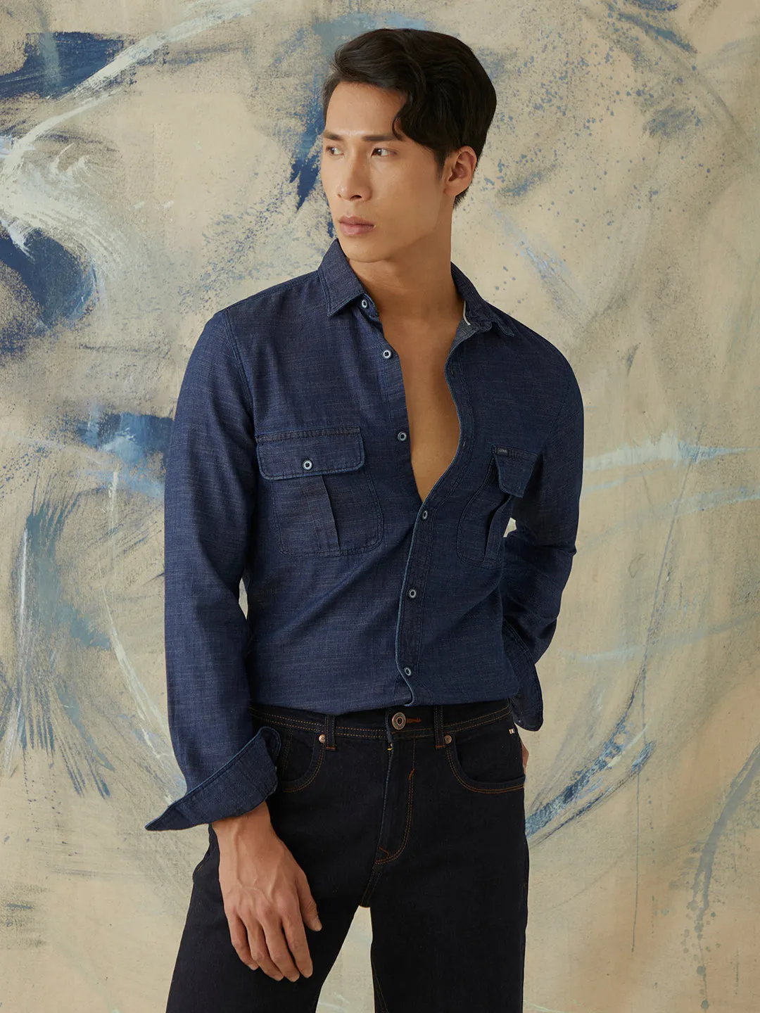 Indigo Double Pocket Plain Denim Shirt