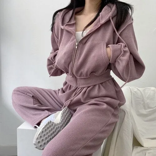 Joskaa Christmas Gift JMPRS Fashion 2 Piece Set Women Sweat Suits Simple Chic Hooded High Waist Drawstring Casual Pants Spring Tracksuits Outfits 2024