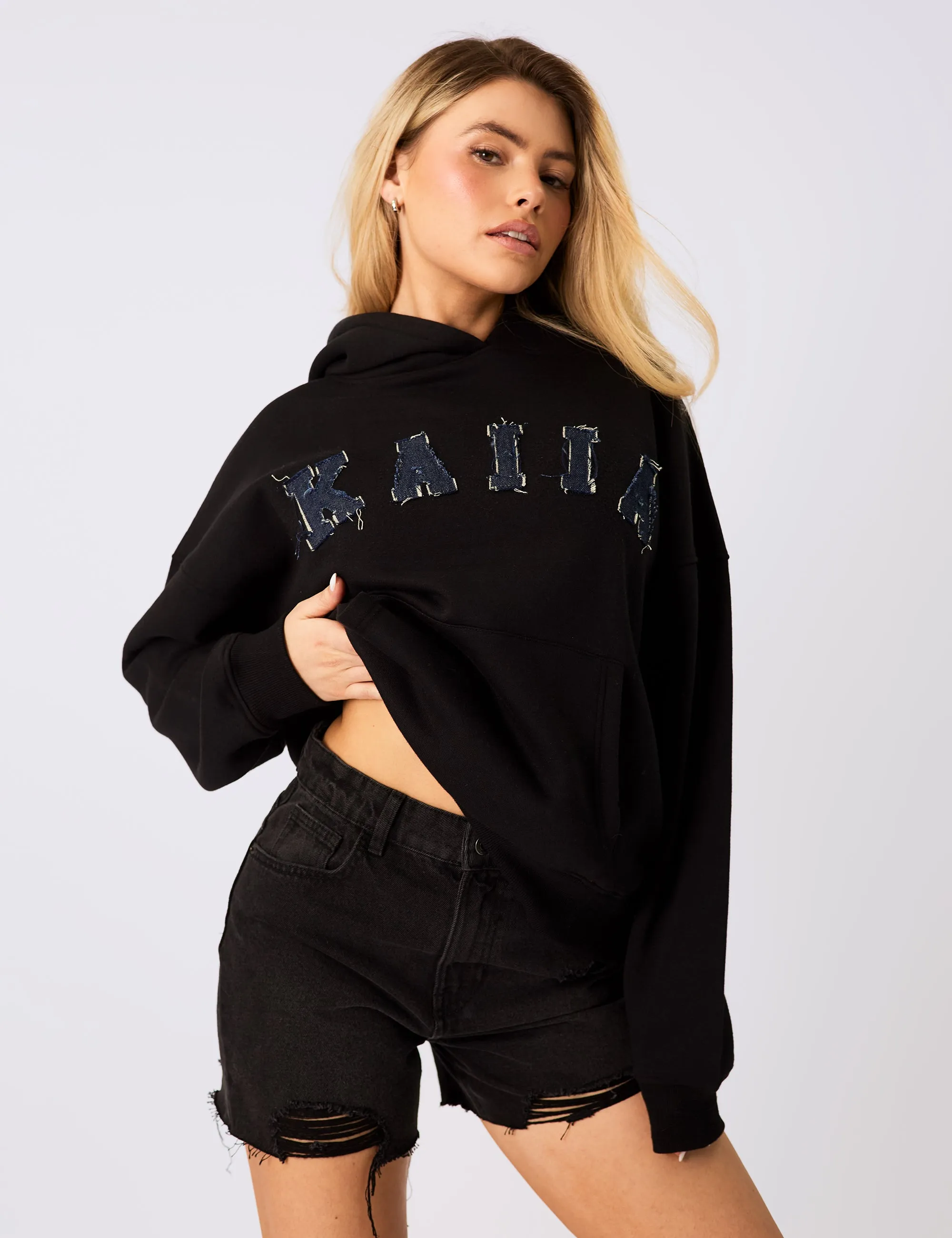 Kaiia Logo Denim Applique Oversized Hoodie Black