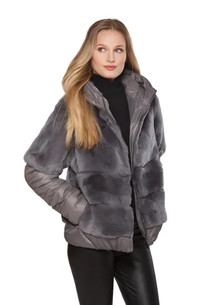 LINDA RICHARDS- Down   Rex Rabbit Zip Up Jacket with Hood Grey