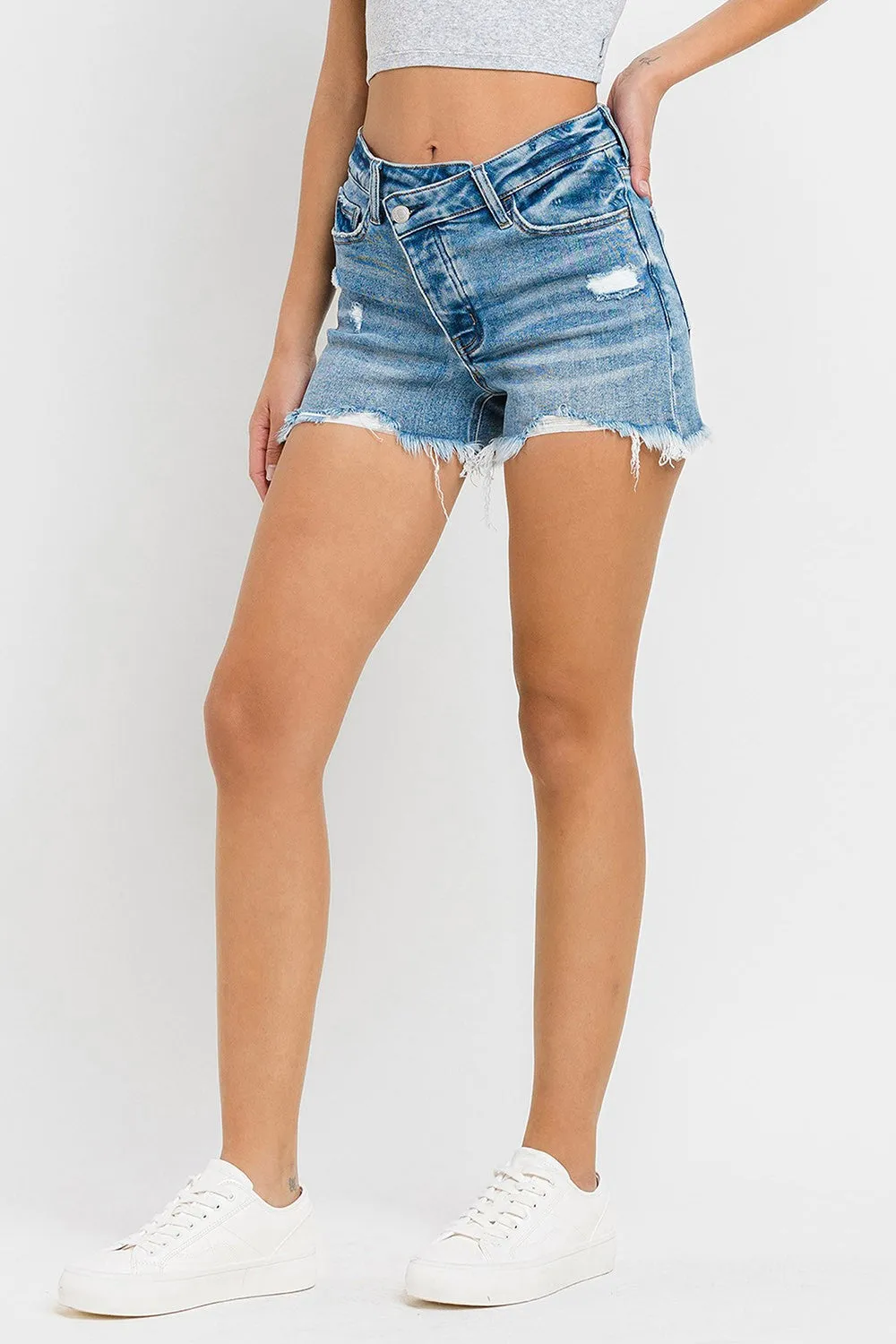 Lovervet Stepped Waist Raw Hem Denim Shorts