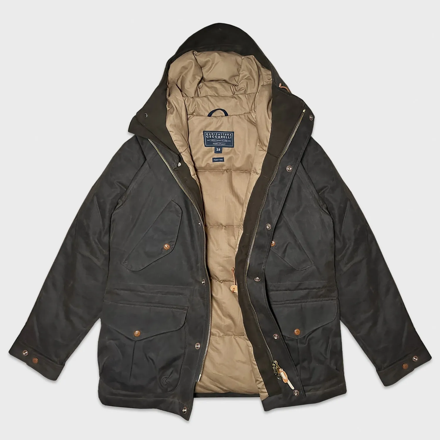 Manifattura Ceccarelli Coffee Brown Water Repellent Padded Waxed Cotton Fisherman Parka