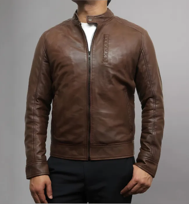 Men’s Brown Slim Fit Racer Style Leather Jacket