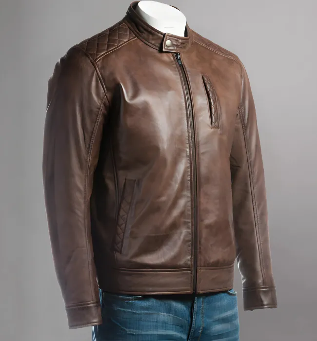 Men’s Brown Slim Fit Racer Style Leather Jacket