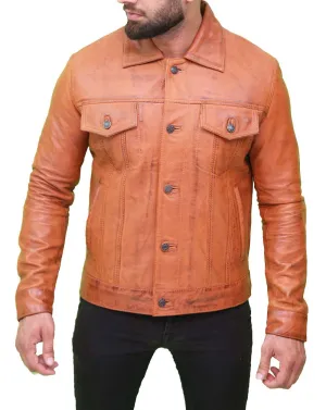 Men's Light Brown Real Leather Trucker Jacket