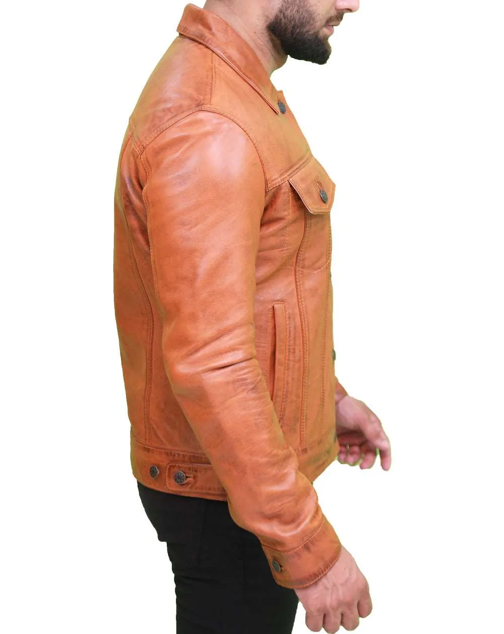 Men's Light Brown Real Leather Trucker Jacket