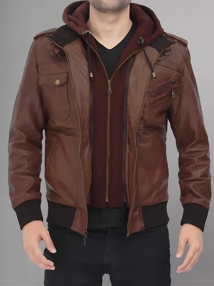 Mens Removable Hood Bomber Leather Jacket