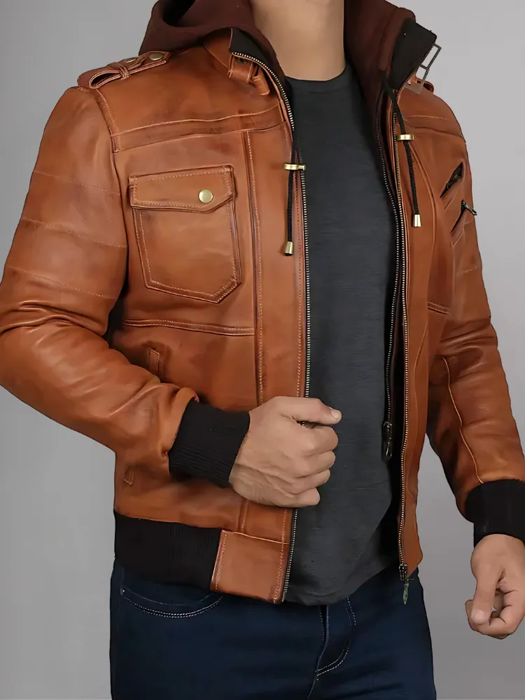 Mens Removable Hood Bomber Leather Jacket