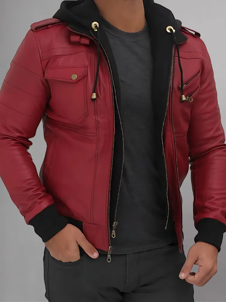 Mens Removable Hood Bomber Leather Jacket