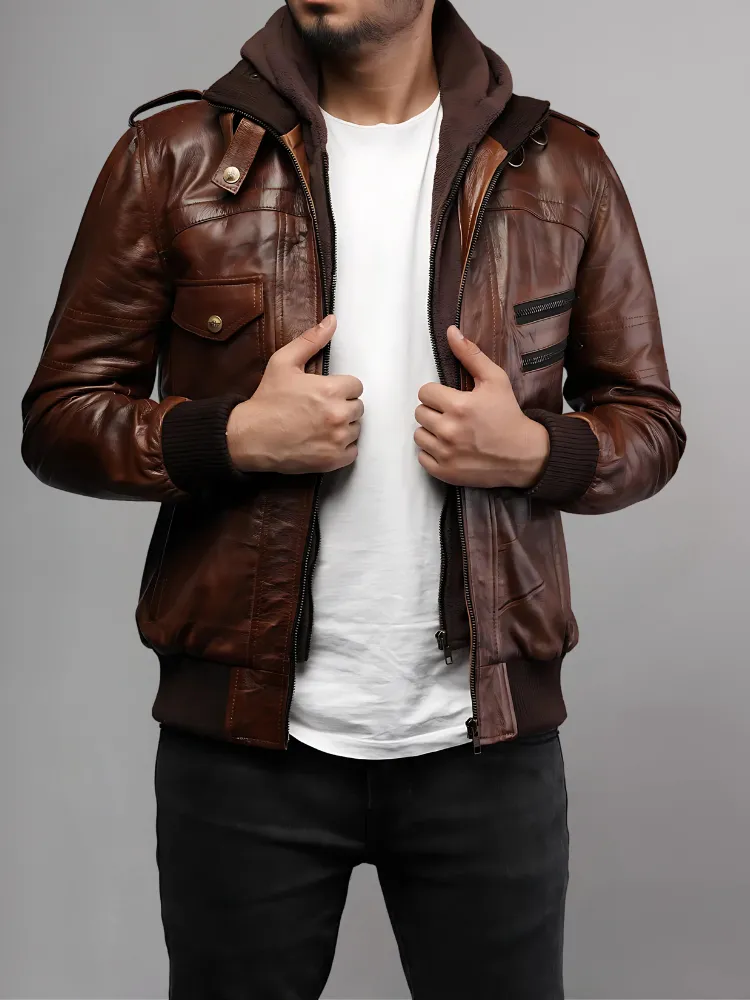 Mens Removable Hood Bomber Leather Jacket