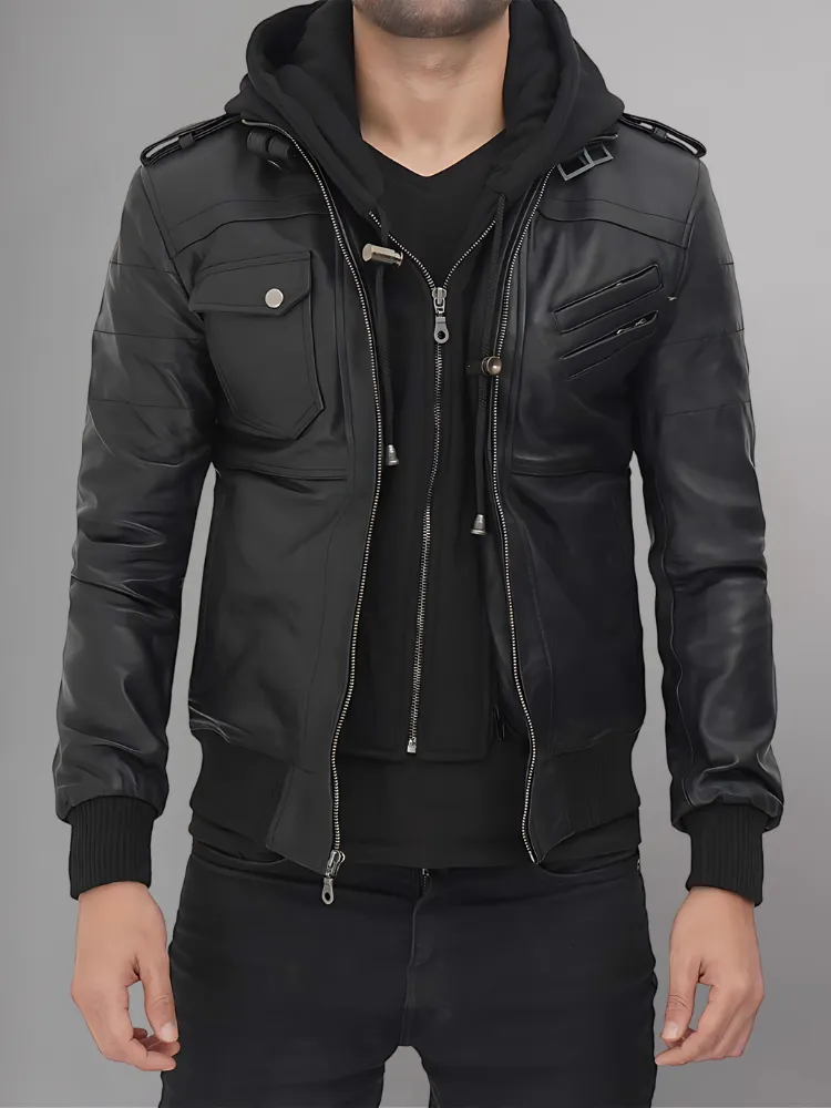 Mens Removable Hood Bomber Leather Jacket