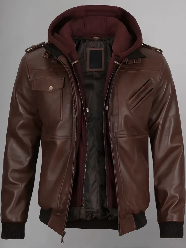 Mens Removable Hood Bomber Red Leather Jacket