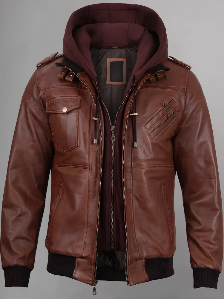 Mens Removable Hood Bomber Red Leather Jacket