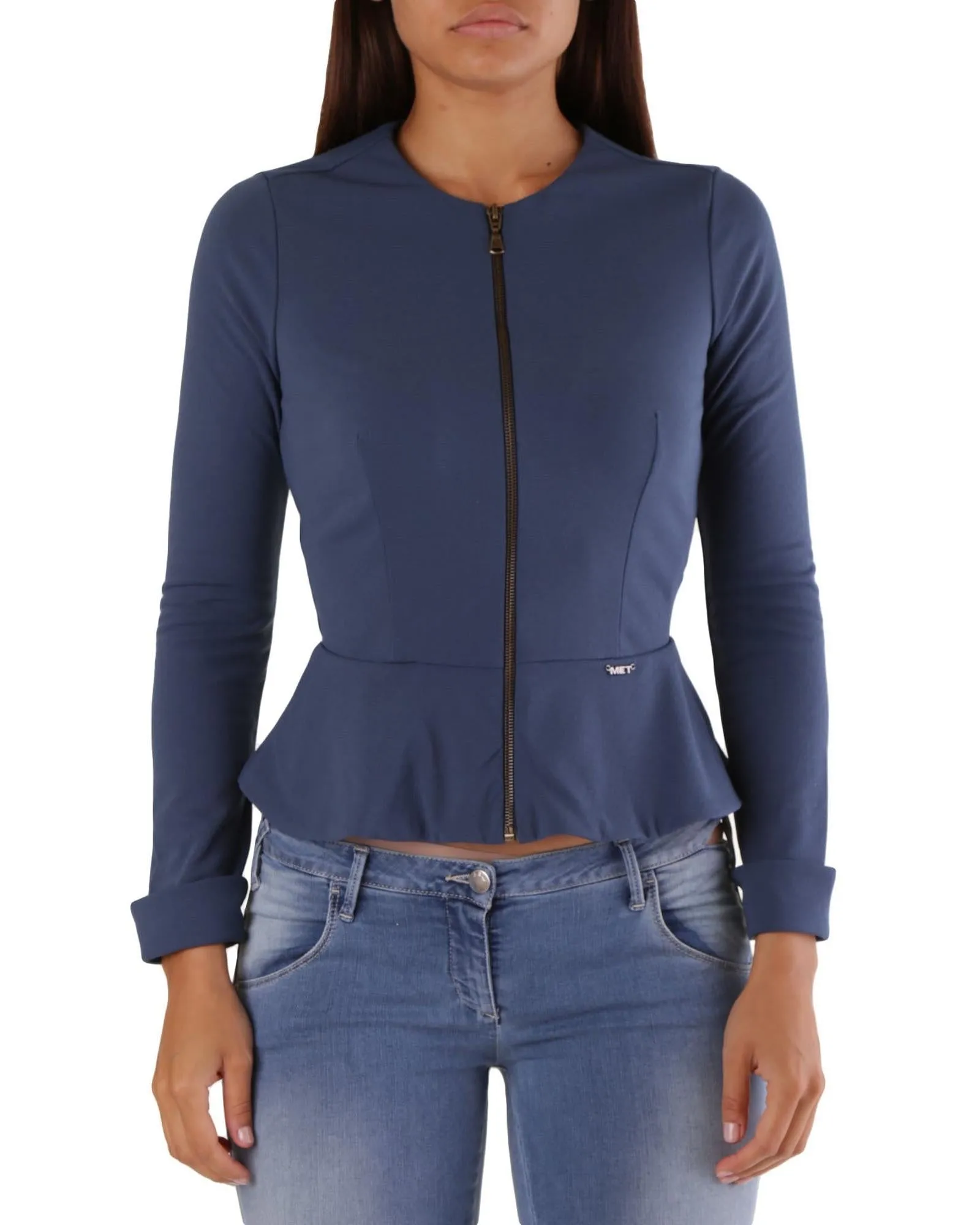 Met Peplum Zipper Jacket for Women - Casual Blue Long Sleeve Knitwear