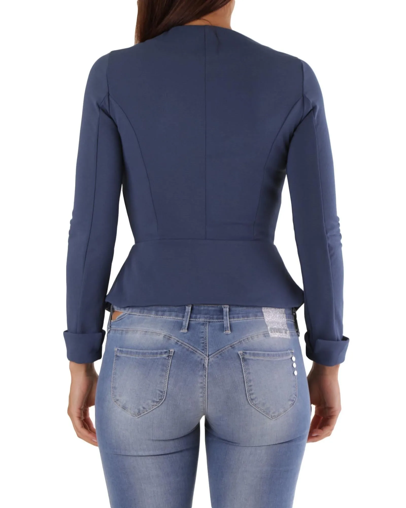 Met Peplum Zipper Jacket for Women - Casual Blue Long Sleeve Knitwear