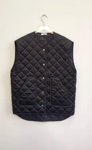 Oversized Quilted Vest - Black Satin