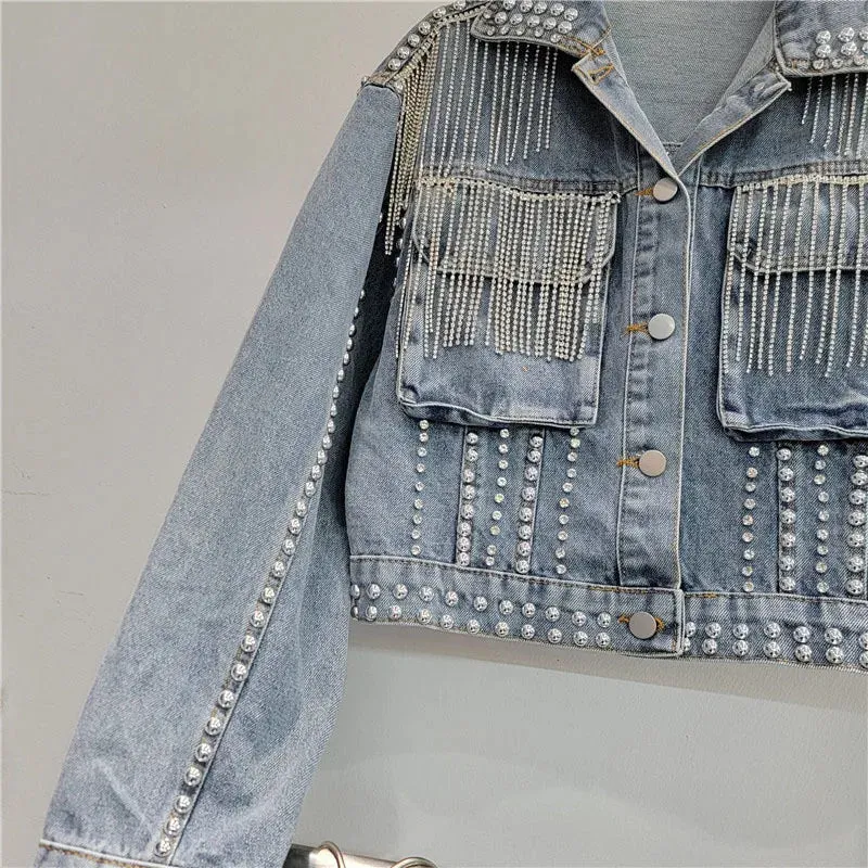 Pre Order: 3D Workwear Pocket Rivet Studded Diamond Tassel Denim Jacket